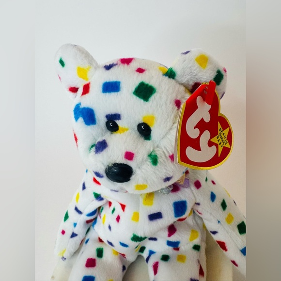 🧸Ty Beanie Baby “TY 2K” 2000 White Confetti Bear Plush - Colorful Spot Pattern - Picture 3 of 6